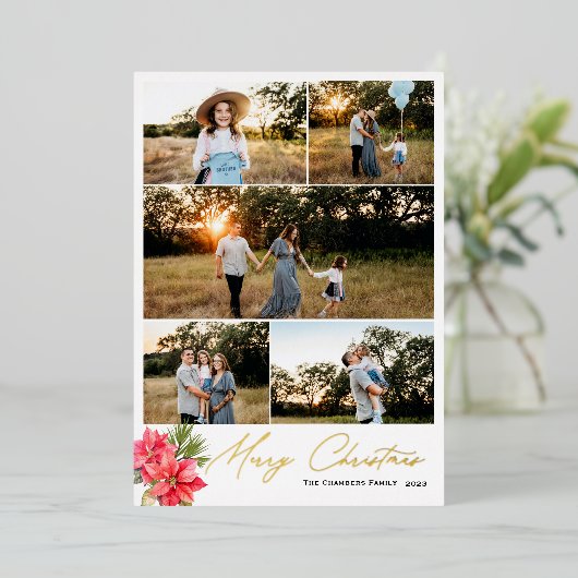 5枚のモダン写真メリークリスマスポインセチア 箔シーズンカード (立ち正面)