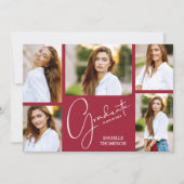 5枚の写真が並ぶクリムゾン色の卒業パーティー 招待状 (正面)