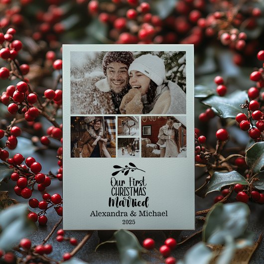5枚の写真のミニマリスト私たちの最初のクリスマスの結婚 シーズンカード