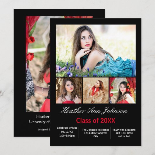 5枚の写真を縦に並べたコラージュ - 卒業のお知らせ 招待状 (正面/裏面)