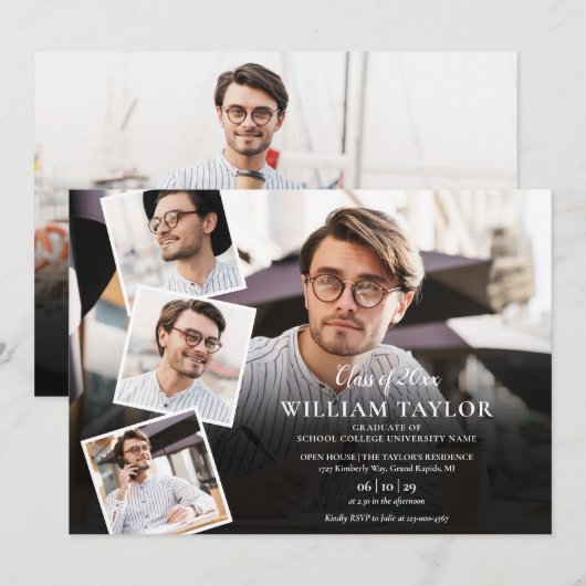 5枚の写真を飾る 現代的な卒業パーティー 招待状 (正面/裏面)