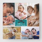 5枚の写真を飾れるファミリーウォールクロック 「家族が全て」名言入り ティール スクエア壁時計 (正面)