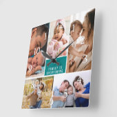 5枚の写真を飾れるファミリーウォールクロック 「家族が全て」名言入り ティール スクエア壁時計 (傾斜)