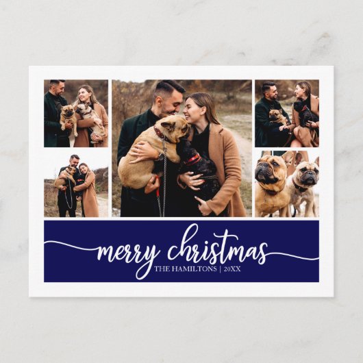 5枚の写真コラージュスタイリッシュメリークリスマスブルー ポストカード (正面)