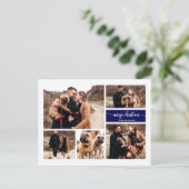 5枚の写真 コラージュ おしゃれなスクリプト メリークリスマス ブルー ポストカード (スタンド正面)