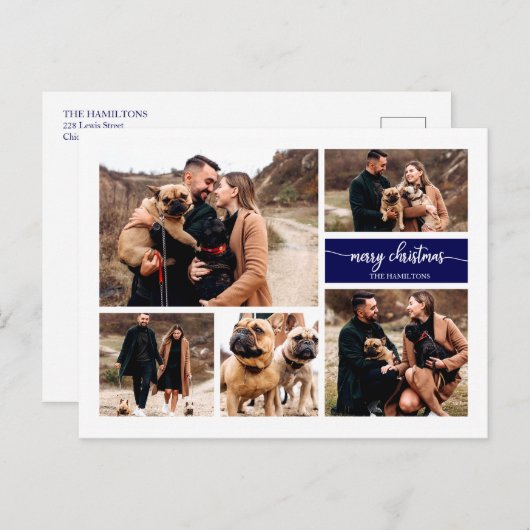 5枚の写真 コラージュ おしゃれなスクリプト メリークリスマス ブルー ポストカード (正面/裏面)