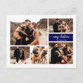 5枚の写真 コラージュ おしゃれなスクリプト メリークリスマス ブルー ポストカード (正面)