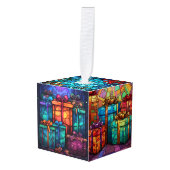 5枚の画像ステンドグラスのクリスマス キューブオーナメント (正面アングル)