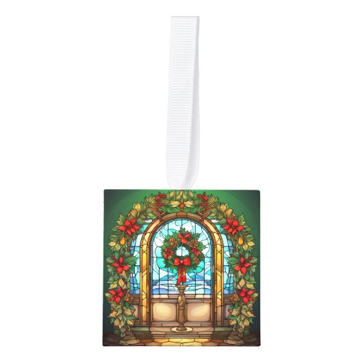 5枚の画像ステンドグラスのクリスマス キューブオーナメント (正面)