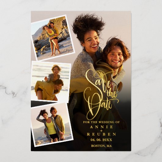 5枚フォトコラージュ 結婚式 ゴールド手書き体 Save The Date 箔招待状 (正面)