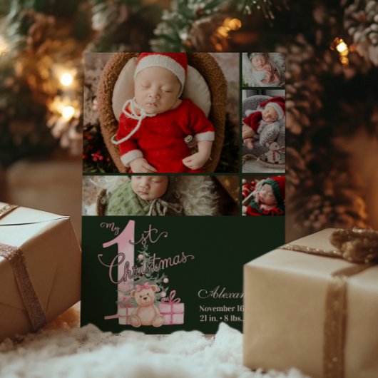 5枚写真 ピンク グリーン 赤ちゃんの最初のクリスマス シーズンカード