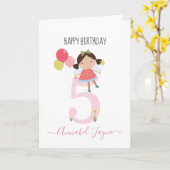 5歳お洒落の誕生日フェアリーの女の子かわいいピンクの車 カード (黄色い花)