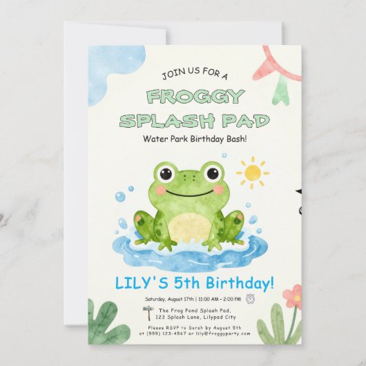 5歳のカエル水遊びパッド バックヤードプール 誕生日 招待状 (正面)