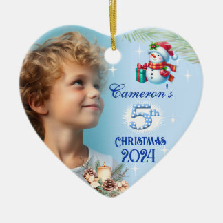 5歳のクリスマスのオーダーメイドの男の子の写真ハートギフト セラミックオーナメント
