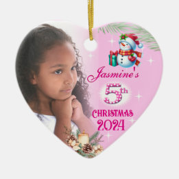 5歳のクリスマスの女の子の写真入りハートギフト セラミックオーナメント