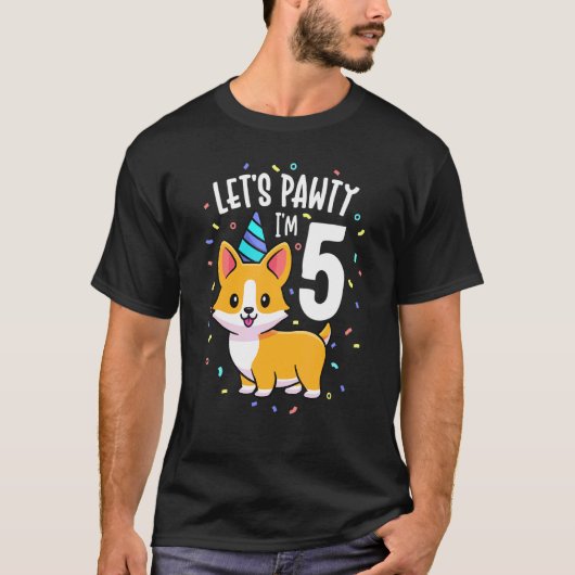 5歳のコーギー犬 5歳の誕生日パーティーの服 キ Tシャツ (正面)