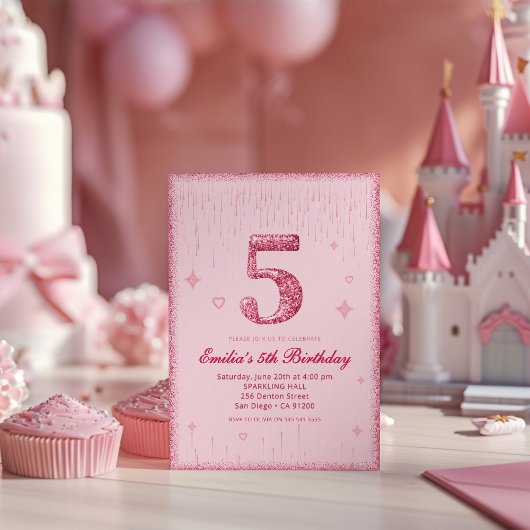 5歳のピンクグリッター誕生日 | スパークルグリッター 招待状