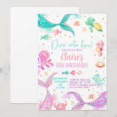 5歳の女の子の誕生日にお姫様にダイブのマーメイド招待状 招待状 (正面/裏面)