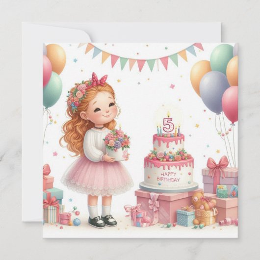 5歳の女の子の誕生日 招待状 (正面)