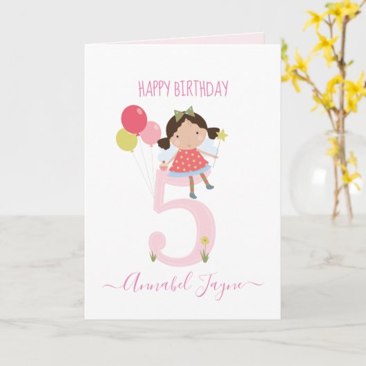 5歳の妖精、女の子はかわいいパーソナライズされた  カード (黄色い花)