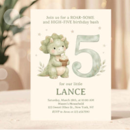 5歳の誕生日おめでとう！かわいい恐竜のセージグリーン 招待状