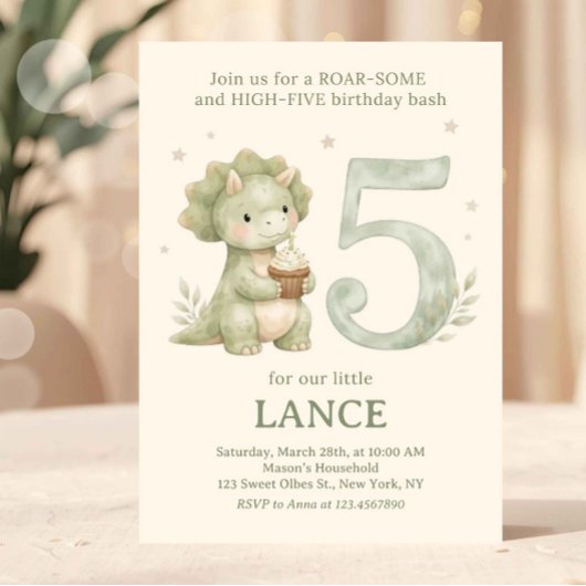 5歳の誕生日おめでとう!かわいい恐竜のセージグリーン 招待状