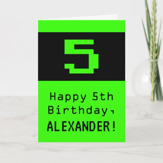 5歳の誕生日おめでとう ネิร์ド/ギーク風デザインの"5"と名前 カード (正面)