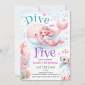 5歳の誕生日おめでとう!ピンクの人魚姫 招待状 (正面)