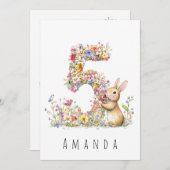 5歳の誕生日おめでとう フラワーリース5 & ウサギのカード 招待状 (正面/裏面)