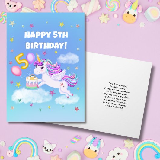 5歳の誕生日おめでとう ユニコーンとバースデーケーキ カード
