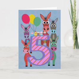 5歳の誕生日おめでとう 五頭のロバとケーキ カード