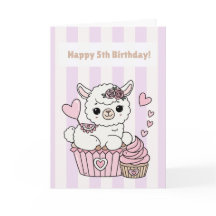 5歳の誕生日おめでとう 可愛いラマの女の子のカード