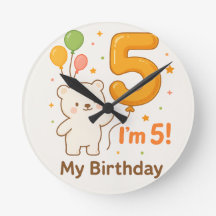 5歳の誕生日おめでとう 壁掛け時計 – カラフルなバルーンD