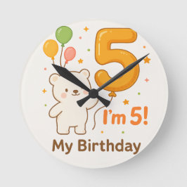 5歳の誕生日おめでとう 壁掛け時計 – カラフルなバルーンD ラウンド壁時計
