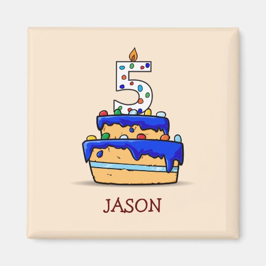 5歳の誕生日おめでとう！青いケーキに5のデコ マグネット (正面)