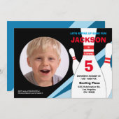 5歳の誕生日の写真ボーリングパーティー青赤 招待状 (正面/裏面)