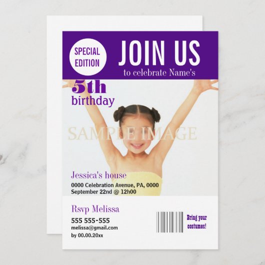 5歳の誕生日の紫の女の子のパーソナライズ 招待状 (正面/裏面)