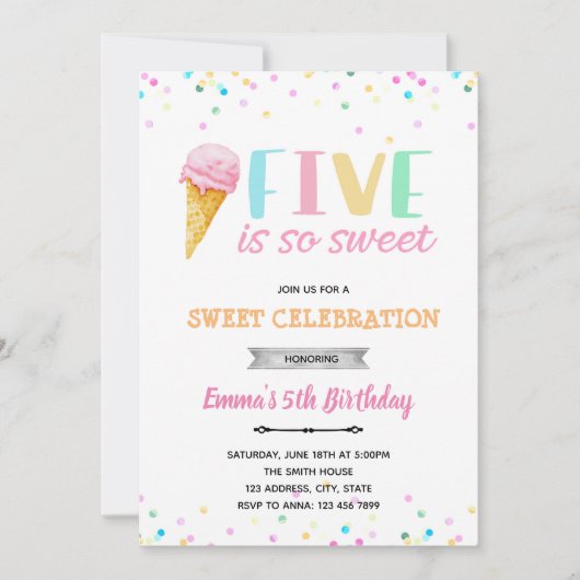 5歳の誕生日はとっても甘いアイスクリームのお誘い 招待状 (正面)
