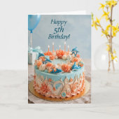 5歳の誕生日イルカケーキカード カード (黄色い花)