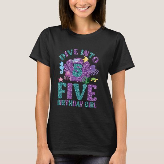 5歳の誕生日ガール バースデー装飾 ダイビング Tシャツ (正面)