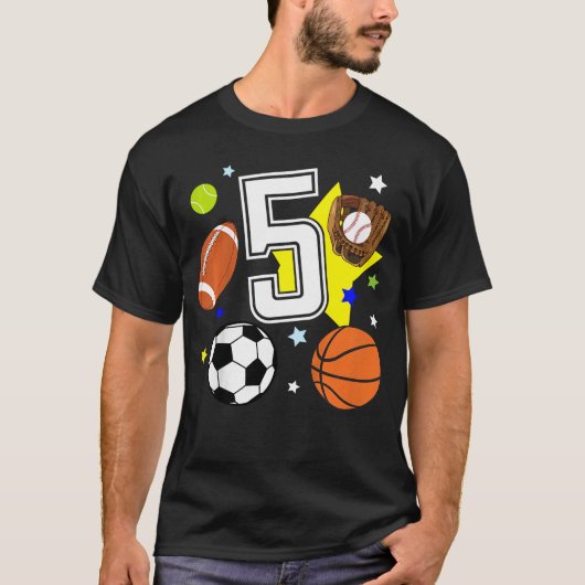 5歳の誕生日スポーツバースデーパーティー 5歳 男の子 フ Tシャツ (正面)