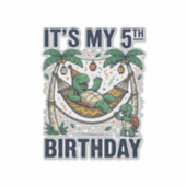 5歳の誕生日タートルハンモックビンテージ風の彫刻デザイン シール (正面)