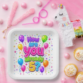 5歳の誕生日ネオン パーティー風船と紙吹雪 ペーパープレート