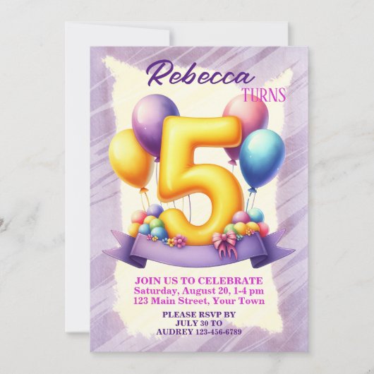 5歳の誕生日バルーン 招待状 (正面)