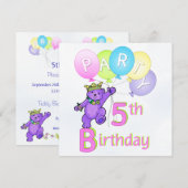 5歳の誕生日パーティープリンセスくま風船 招待状 (正面/裏面)