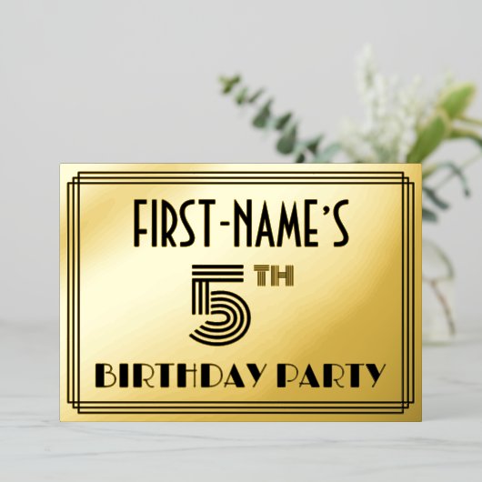 5歳の誕生日パーティー — アールデコ調の「5」&名前 箔招待状 (立ち正面)