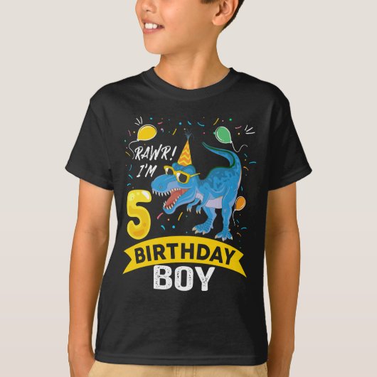 5歳の誕生日プレゼント男の子Tレックス恐竜5歳 Tシャツ (正面)