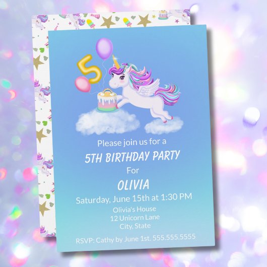 5歳の誕生日ユニコーンケーキ招待状 招待状