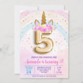 5歳の誕生日ユニコーン招待状, 編集可能な5歳の誕生日 招待状 (正面)
