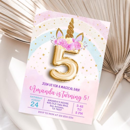 5歳の誕生日ユニコーン招待状, 編集可能な5歳の誕生日 招待状